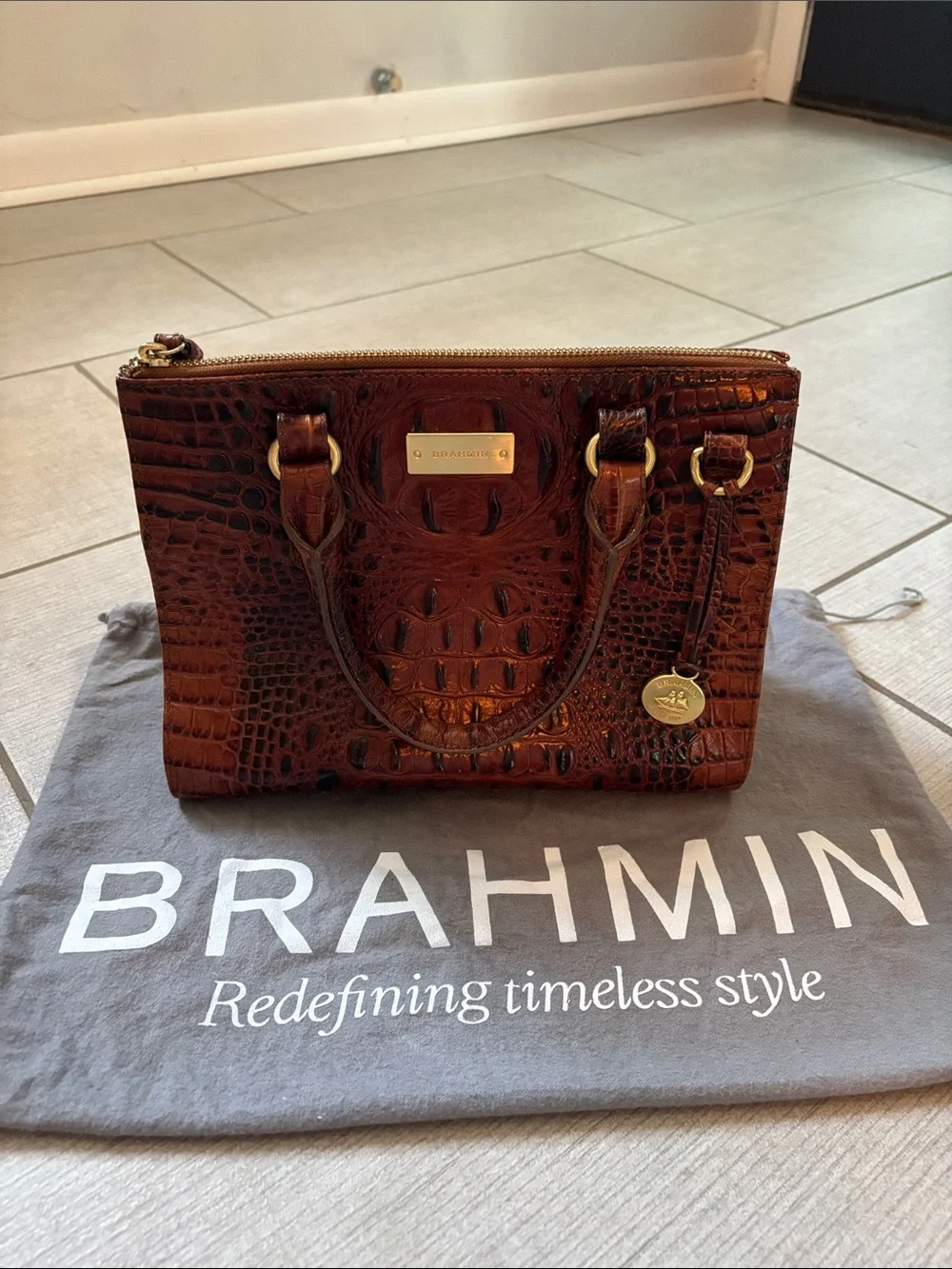 Brahmin Croc-Embossed Satchel in Pecan/Brown with Gold Hardware